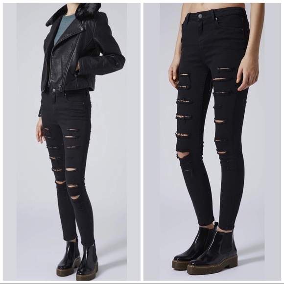 Topshop Denim - Topshop Jamie Super Rip Black Stretch Jeans, 26